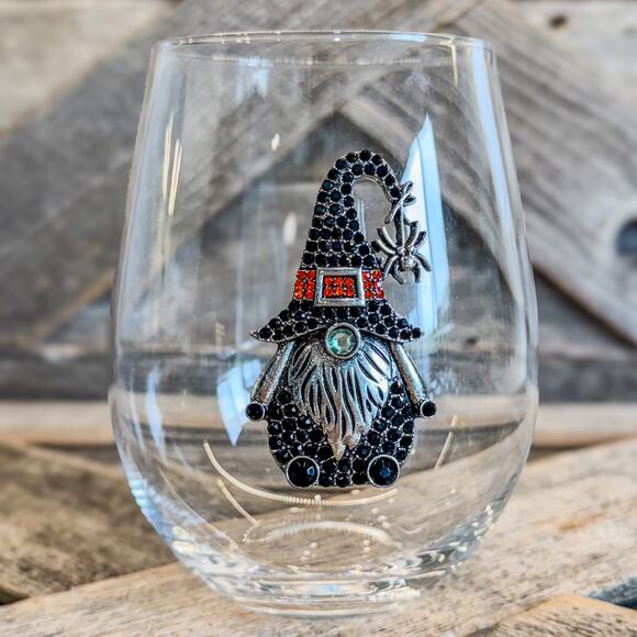 Rhinestone Halloween Gnome Witch, 18oz Stemless Wine Glass by Broomstick Blvd - Picture 2 of 10